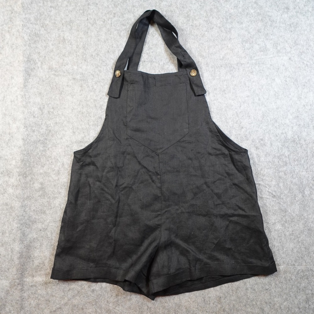 Black Linen Blend Lightweight Short Overalls Jumpsuit